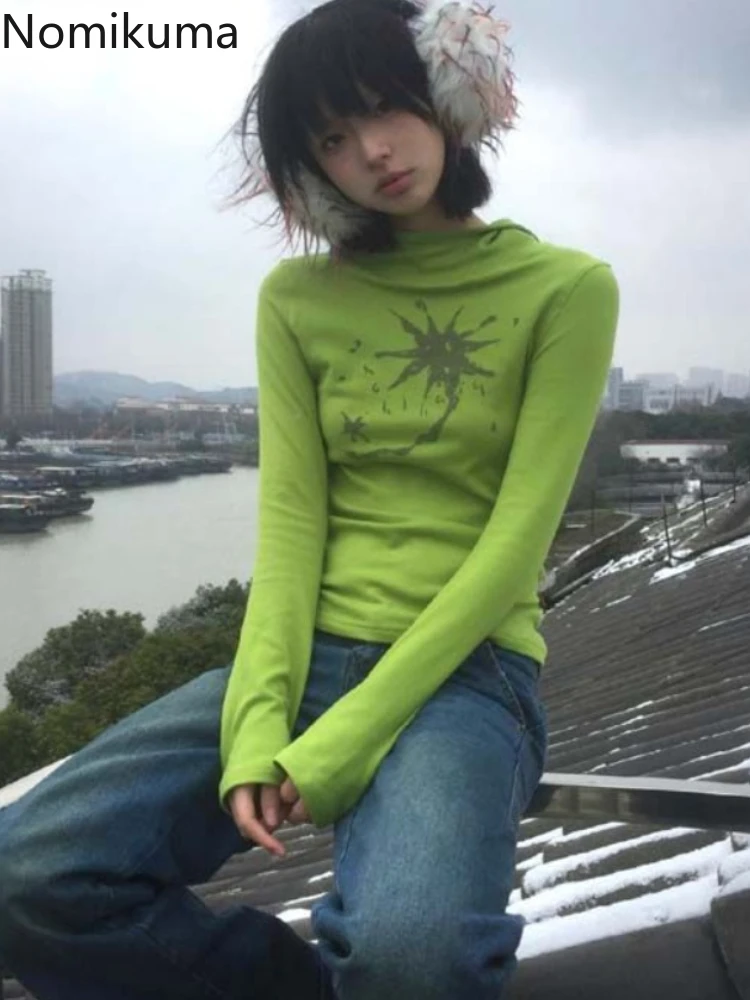 Женская одежда 2024 футболки с капюшоном и принтом женская Y2k шикарные облегающие