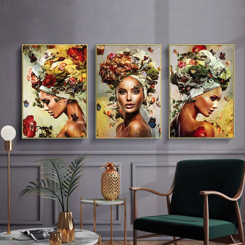 

Retro Profile Woman Flower Art Posters and Prints Picture Wall Decor Painting for Living Room Bedroom Decoration Frameless