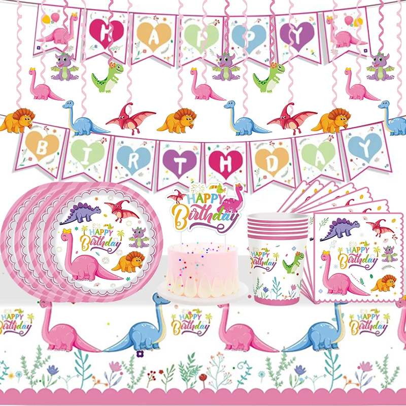 

Cute Pink Dinosaur Girl Party Disposable Tablecloth Paper Napkin Cup Plate Children Girl Birthday Cake Flag Banner Balloon Decor