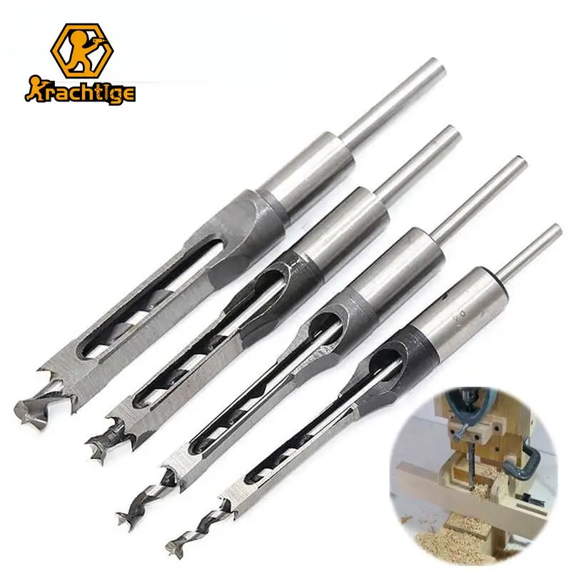 Krachtige 4Pcs Square Hole Woodworking Twist Drill Kits Woodworking Tool Mortising Chisel Extended Saw Drill Bits Set