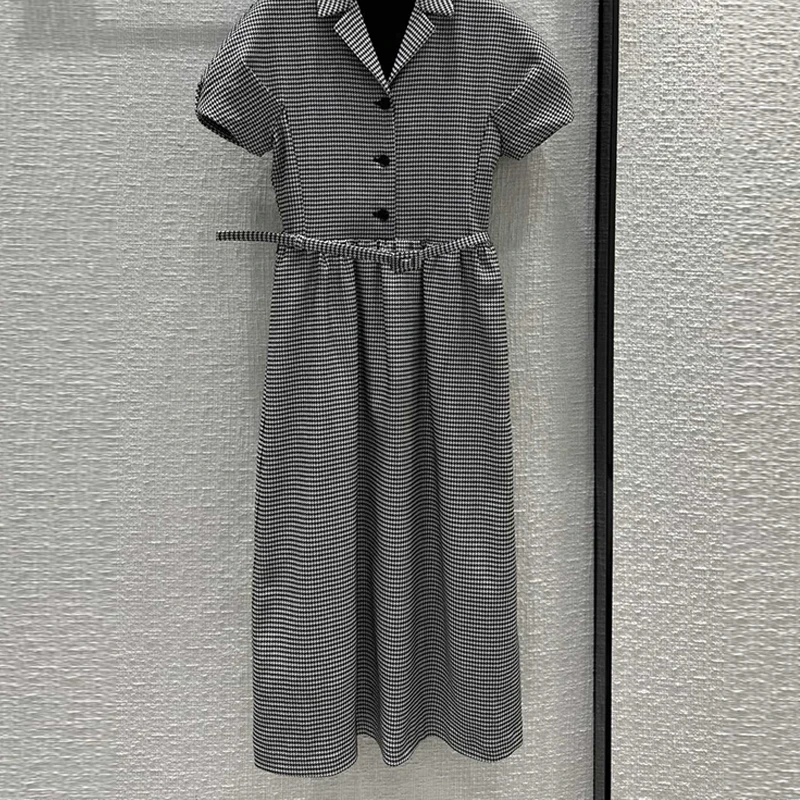 

Женское однобортное платье-трапеция 23FW, подиумное платье с коротким рукавом «гусиные лапки», ТРАПЕЦИЕВИДНОЕ ПЛАТЬЕ с отложным воротником и поясом, Y2K