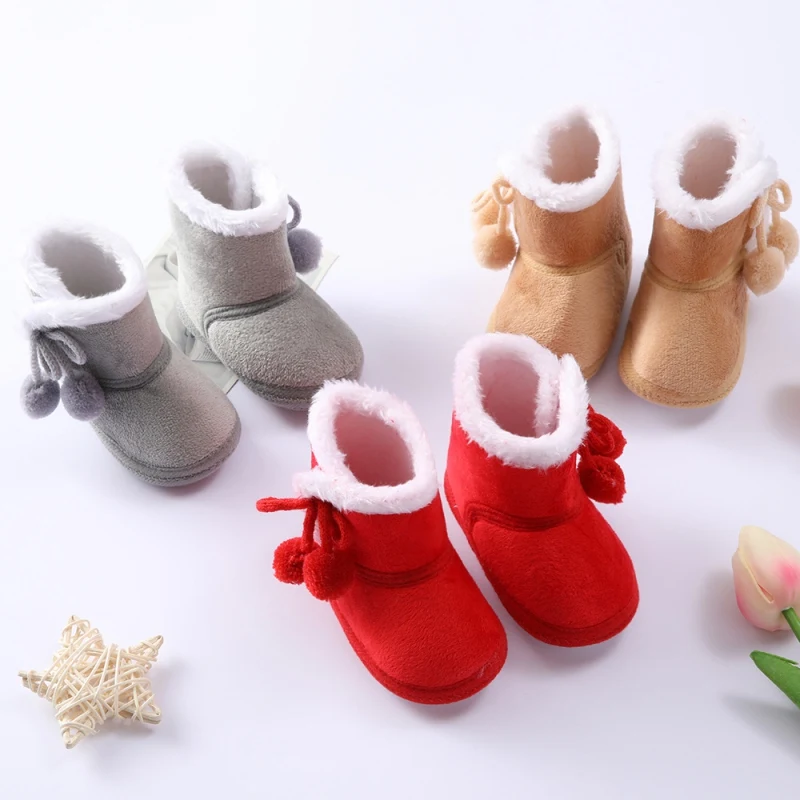 

Baby Solid Color Plus Velvet Cotton Shoes Double Pompom Soft Sole Snow Boots Infant First Walker Boot Baby Cotton Toddler Shoes