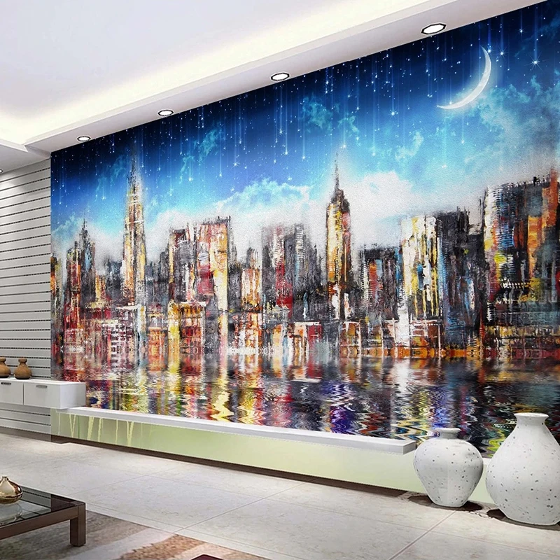 

European Oil Painting Night View City Starry Sky Wallpaper Creative Murals Living Room Bedroom Study Background Decor 3D Fresco