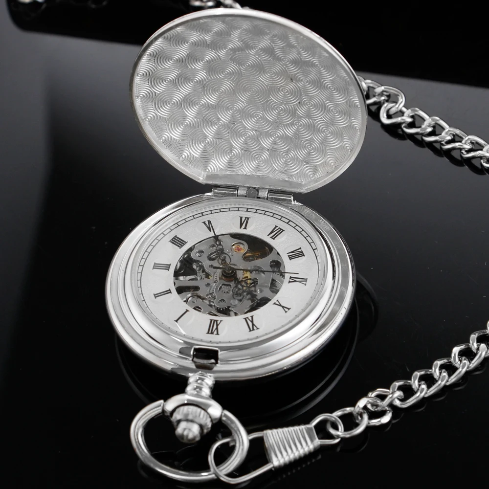 Silver Matte Texture Hollow Digital Steampunk Mechanical Pocket Watch Retro Gentleman Analog Signal Clock Lady Jewelry Gift