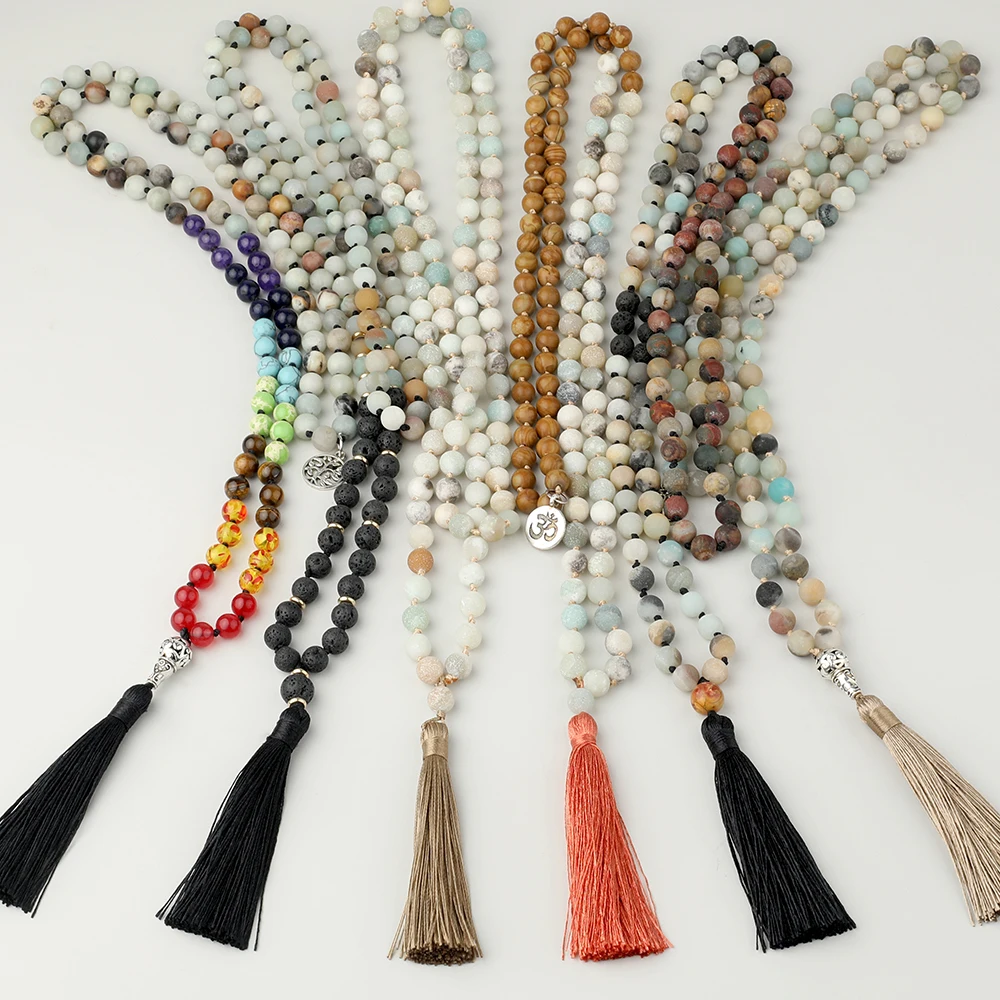 

OAIITE Natural Frosted Amazonite Stone Mala Necklace for Women 108 Beads Knotted Necklaces Lariat Tribal Prayer Healing Jewelry