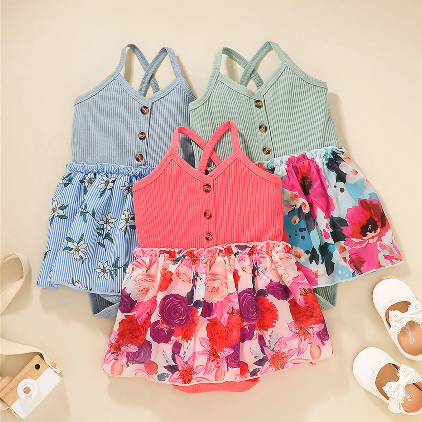 

Summer Baby Girl Romper Sleeveless Suspenders Baby Bodysuit Dress Floral Printed Button Ribbed Newborn Baby Girl Clothes 3-18M