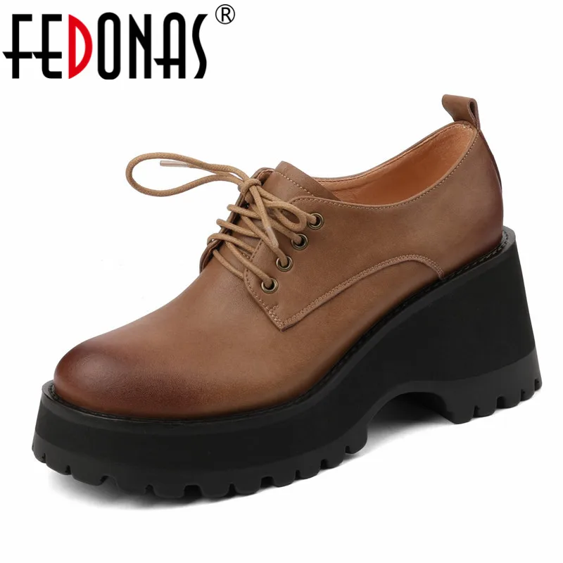 

FEDONAS Spring Summer Four Season Women Pumps Retro Lace-Up Casual Working Genuine Leather Platforms Wedges Heels Shoes Woman