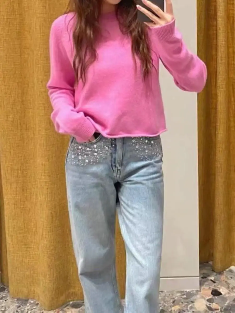 

Women Pink Sweater Logo Embroidery O-Neck Long Sleeve Female Casual 2023 Autumn Winter Knitted Pullover