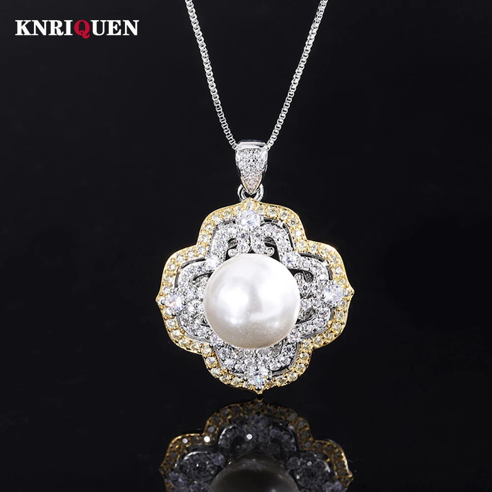 Charm 14mm White Gold Big Pearl Pendant Necklace for Women High Carbon Diamond Anniversary Gift Party Fine Jewelry Accessories