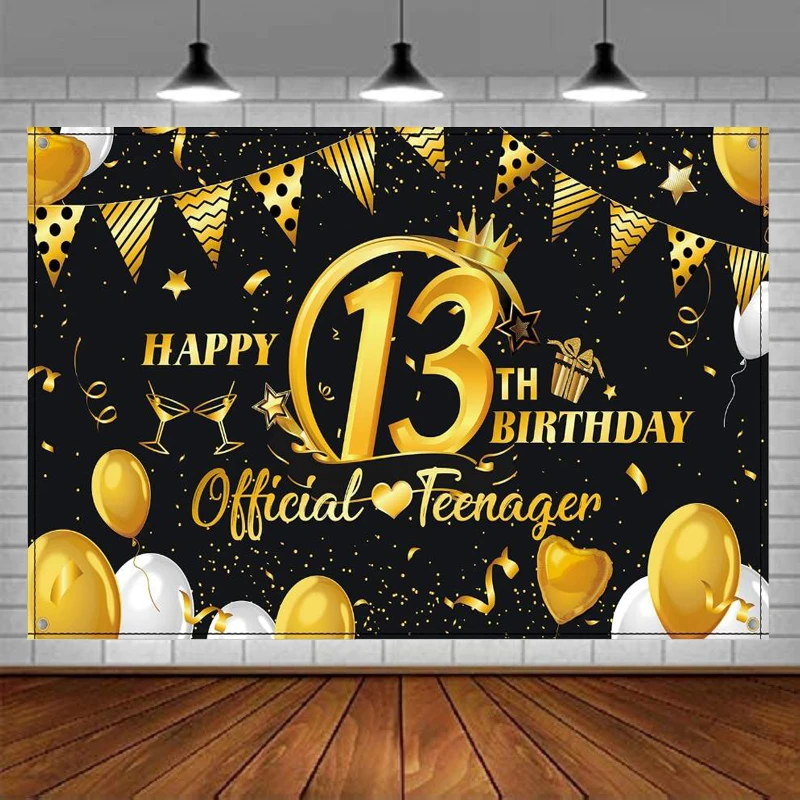 

Photography Backdrop Black Gold Party Decoration Sign Poster Happy 13th Birthday Party Supplies Banner Photo Booth Background