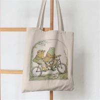 women canvas shoulder bag vintage frog print ladies casual handbag tote bag reusable large capacity fairy shopping beach bag eco