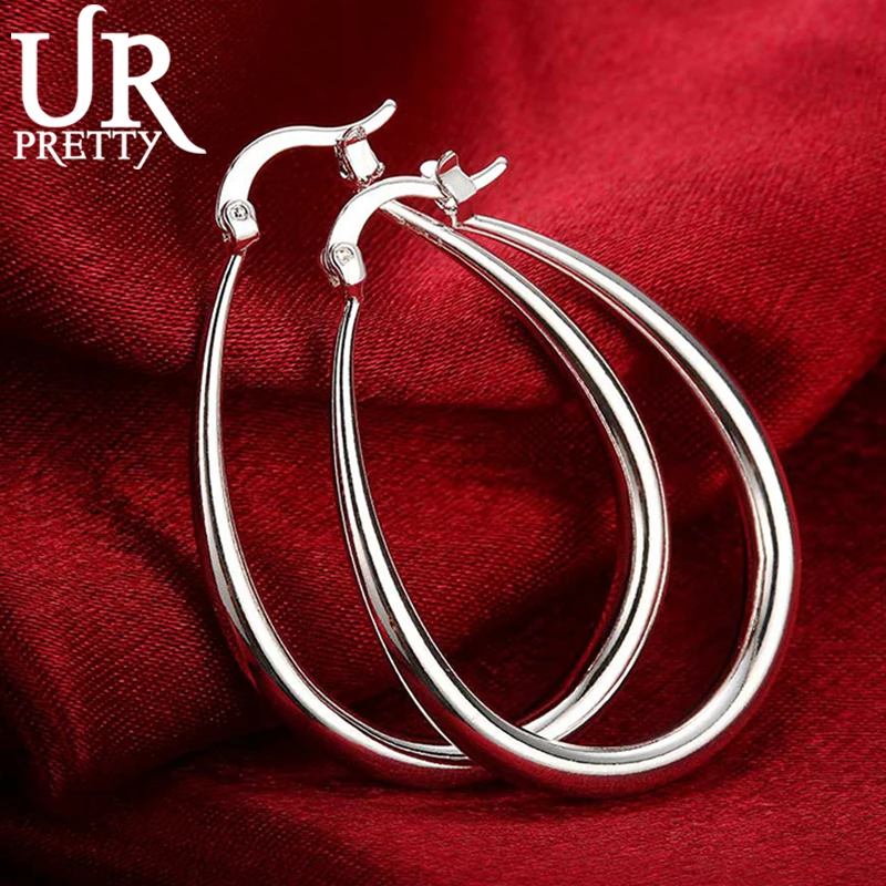 

URPRETTY New 925 Sterling Silver Simple Smooth Drop Shape Loop 41mm Hoop Earring For Women Wedding Party Charm Jewelry Gift