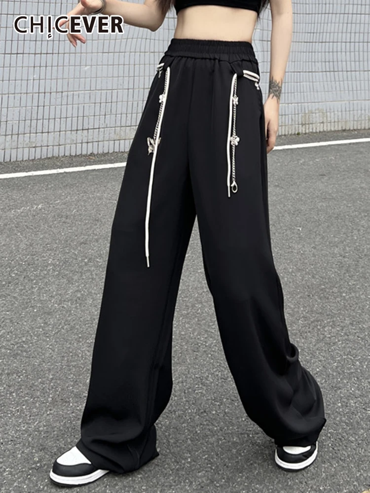 

CHICEVER уличная одежда черные свободные длинные брюки для женщин с эластичным поясом в стиле пэчворк женские прямые брюки 2022 одежда
