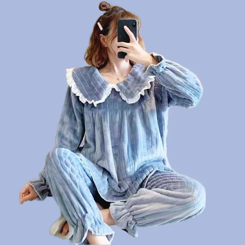 Flannel Pajamas Set Full Sleeve T-shirt Long Pants Winter Sweet Casual Pyjama Big Size Homewear Cozy Plus Bow Pink Sleepwear