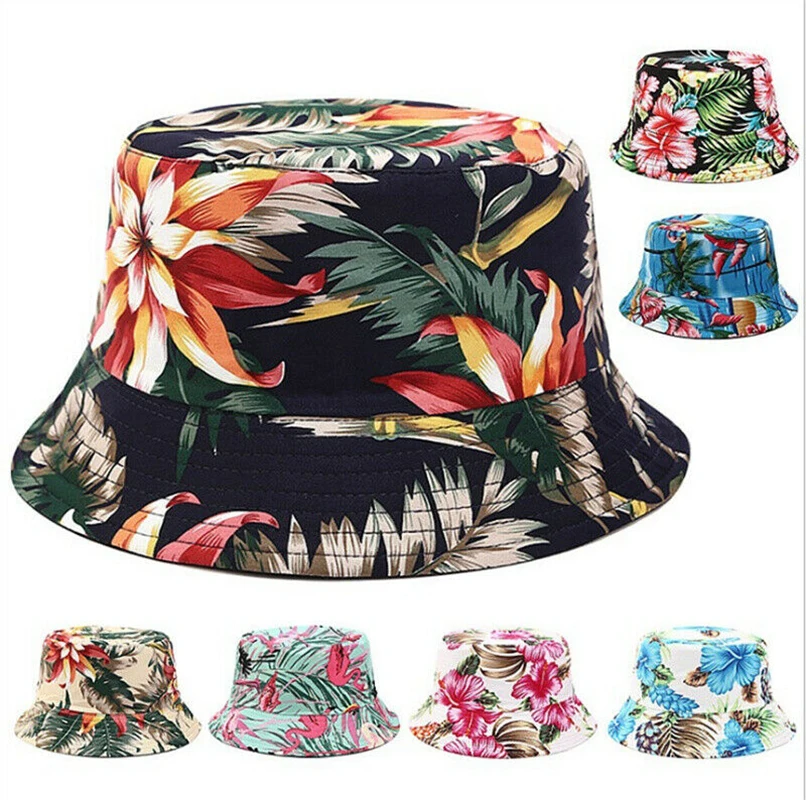 

Spring and Summer Women's Beach Bucket Hat Tropical Style Banana Leaf Coconut Tree Flower Print Foldable Sunshade Fisherman Caps