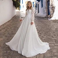 queen elegant wedding dress with long sleeves aline v neck vintage chiffon floor length train single front for women custom made