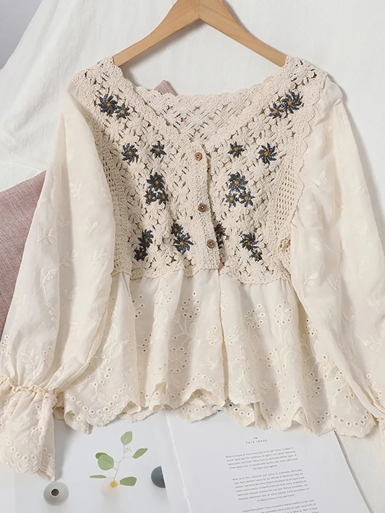 

Sexy Hollow Out Blouse For Women Autumn Elegant V-neck Single-breasted Patchwork Shirt Female Flare Long Sleeve Beige/White Tops