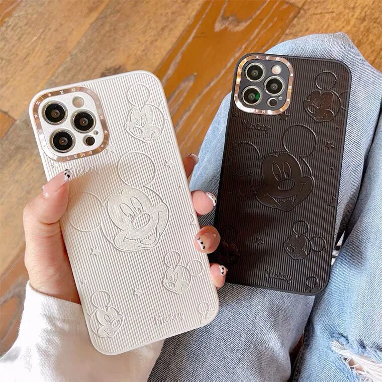 

Faux Leather Mickey Mouse Metal Lens Phone Cases For iPhone 13 12 11 Pro Max XR XS MAX X Back Cover