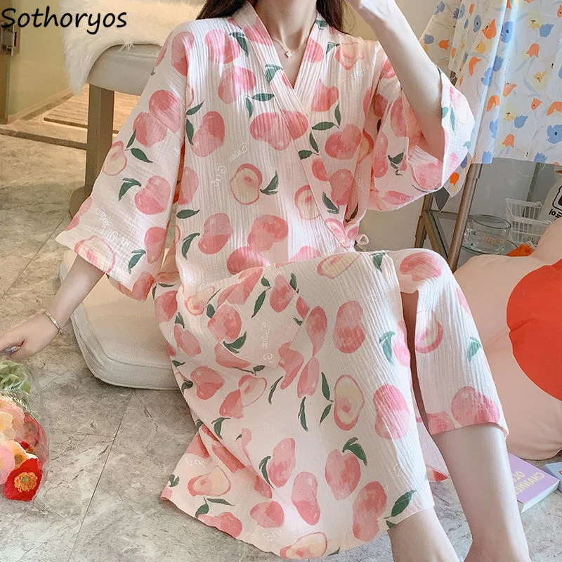 

Летние женские халаты с рукавом три четверти в японском стиле, модная одежда для отдыха с карманами, женское кимоно до колена, уютное кавайн...