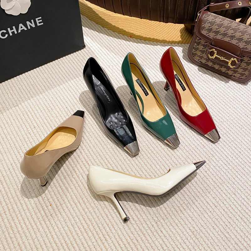 Spring/Summer New Women's High Heel Thin Heel Fashion Metal Head Lacquer Leather Pumps Versatile Shallow Mouth Women's Shoes
