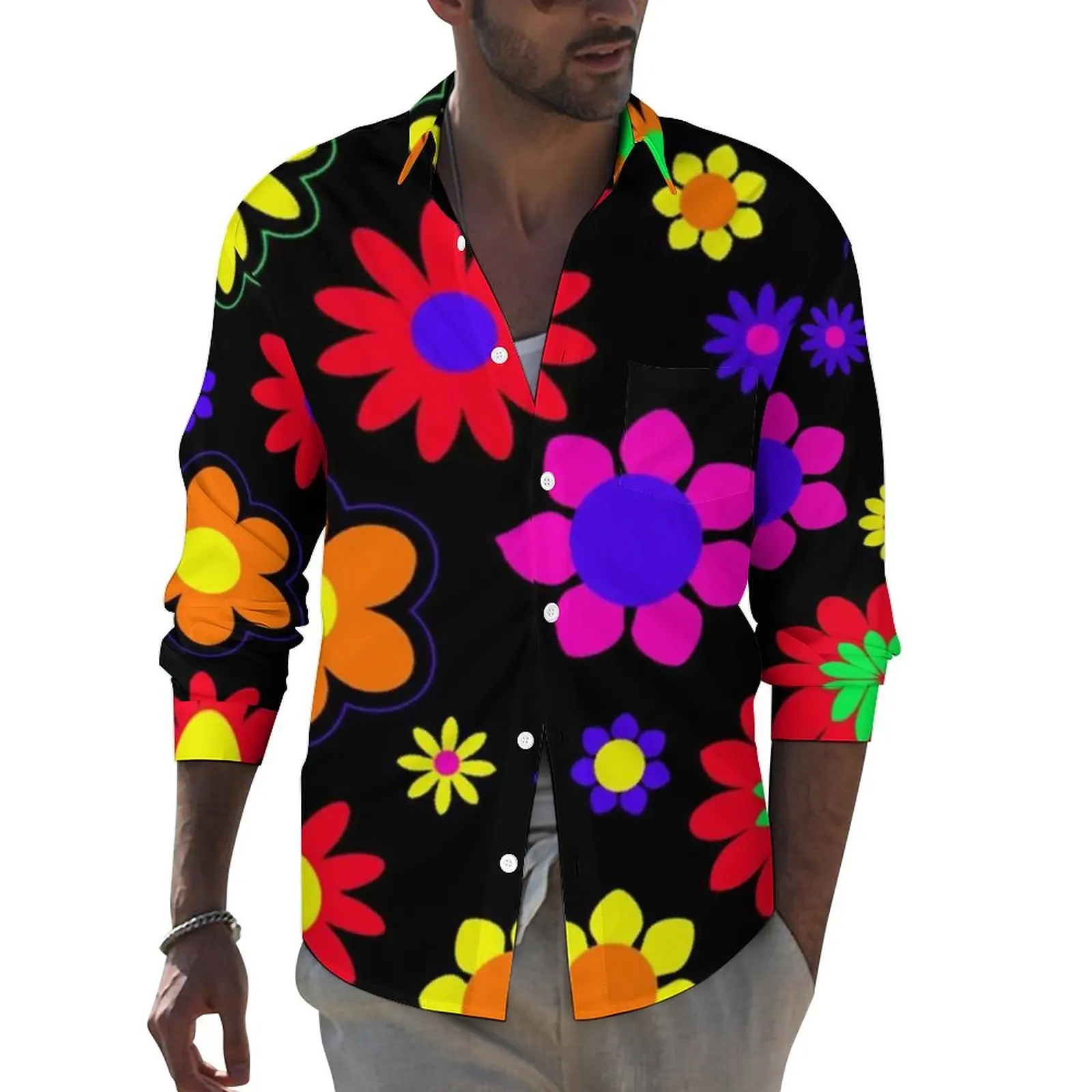 

Flower Power Pattern Shirt Spring Retro Hippie 60s Casual Shirts Mens Retro Blouses Long Sleeve Stylish Clothing Large Size