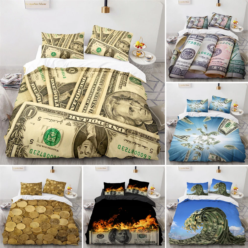 

Modern Funny Design Home Textile Money Coin Theme Bedding Set Adults 2/3pcs Twin Full Size Polyester Comforter Cover With Zipper