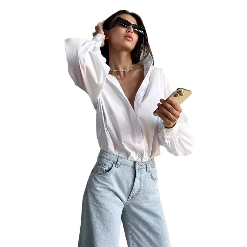 Женская рубашка с рукавом-фонариком Белая Летняя Свободная блузка
