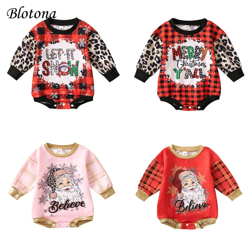 

Blotona Baby Christmas Romper, Glitter Long Sleeve O-Neck Cartoon Letter Santa Claus Print Fall Spring Short Bodysuit 0-18Months