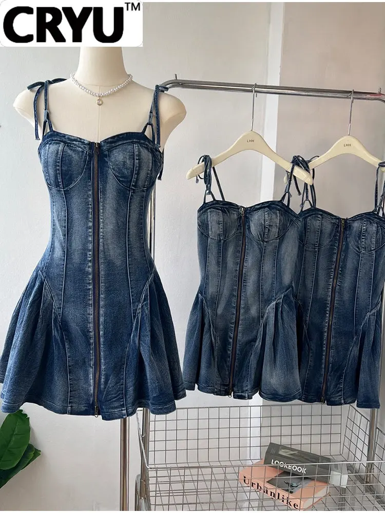 

Vintage Wash Blue Color Women Slim Mini Denim Vestidos 2023 Spring Summer Zipper Tie Up Suspender Dress Harajuku Pleated Style
