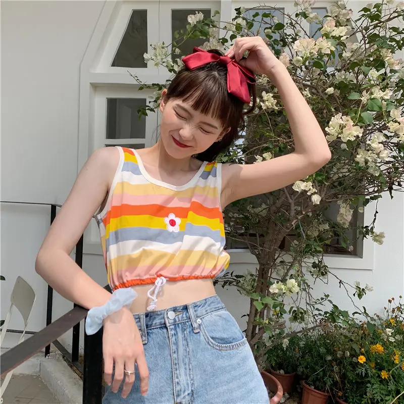 

Women Kawaii Embroidery Fashion Crop Top Korean Style Ulzzang Slender Lace-up Womens Vintage Chic Summer Rainbow-striped Tanks