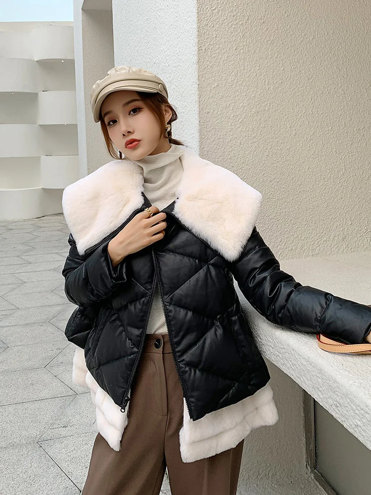 

Real Sheepskin Leather Jackets Women 90% White Duck Down Coat Female Rex Rabbit Fur Collar Women Jacket Cuero Genuino Zjt17 2023