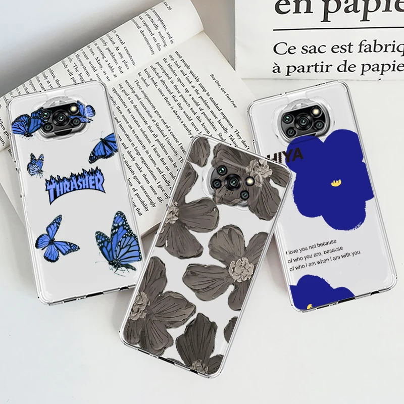 

Phone Case For Xiaomi Mi Poco X4 X3 NFC F4 F3 GT M4 M3 M2 X2 F2 F1 Pro C3 5G Beautiful Flower Butterfly Transparent TPU Cover