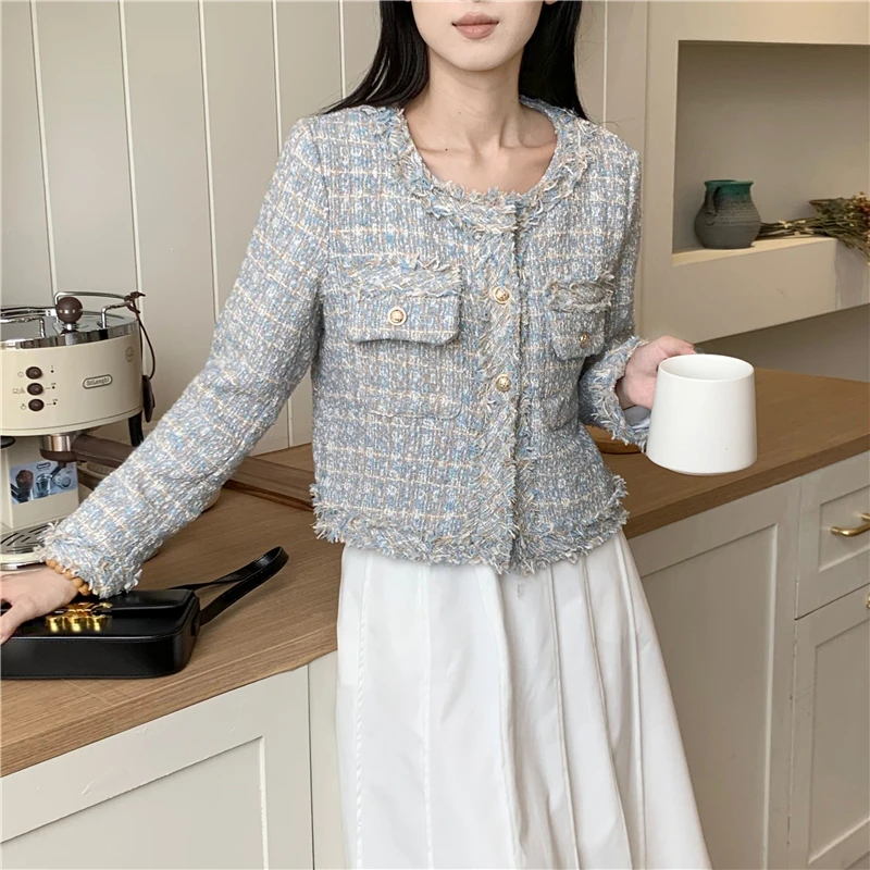 Женская твидовая куртка с бахромой однобортная короткая длинным рукавом и