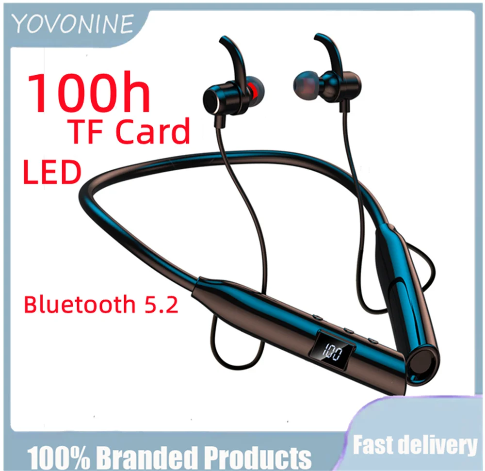 

YOVONINE 100Hour Wireless Headphones Bluetooth Earphone Bass Wireless with Mic Flashlight Stereo Neckband Sport Headset TF Card