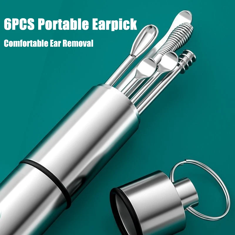 

6pcs Ear Wax Remover Ear Cleaning Kit Ear Pick Stainless Steel Barrel Storage Ear Spoons Portable for Baby Adults Ear Care Set