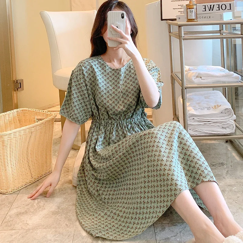 2023Summer Short Sleeved Pajamas Women's Thin Cotton Silk Pajamas Home Wear Waist drawstring Fresh Oversized Cotton Silk Dresse