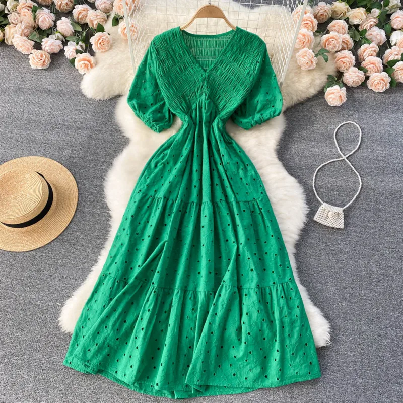 

DIOSA VIDE summer fashion hollow V-neck temperament slim dress women's loose seaside holiday big swing dress