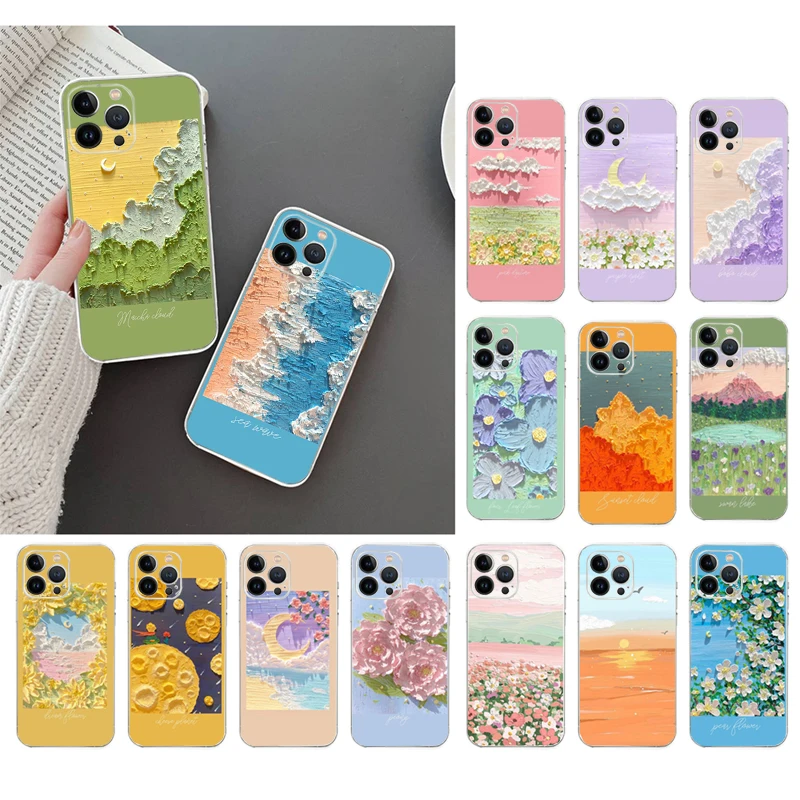 

Phone Case For iphone 14 13 12 11 Pro Max XS Max XR X 12mini 14 Plus SE Cute Drawing Flower Cloud Moon Case Funda Capa Cell