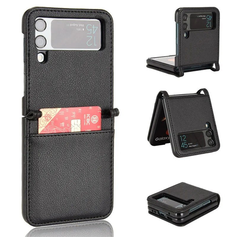 

Suitable For Samsung Z Flip 3 Mobile Phone Case Galaxy Z Flip3 5G Leather Case Insert Card Conjoined Protective Case