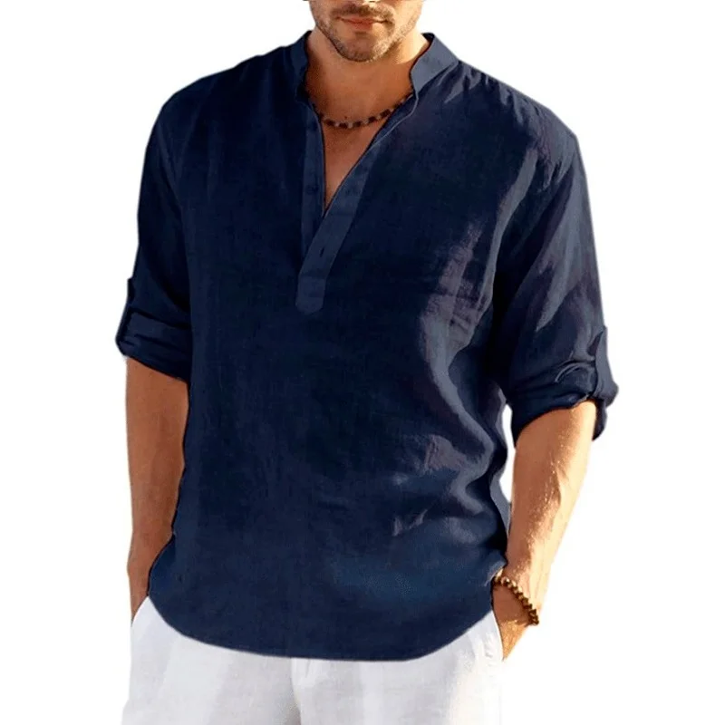 2022 New Men's Linen Long Sleeve T-Shirt Solid Color Loose Casual T-Shirt Long Sleeve Cotton Linen Shirt Plus Size