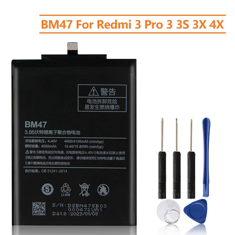

Replacement Battery BM47 For Xiaomi Redmi 3 3S 3X Redmi3 Pro Hongmi 4X Note 4X Redrice 3x Rechargeable Battery 4000mAh