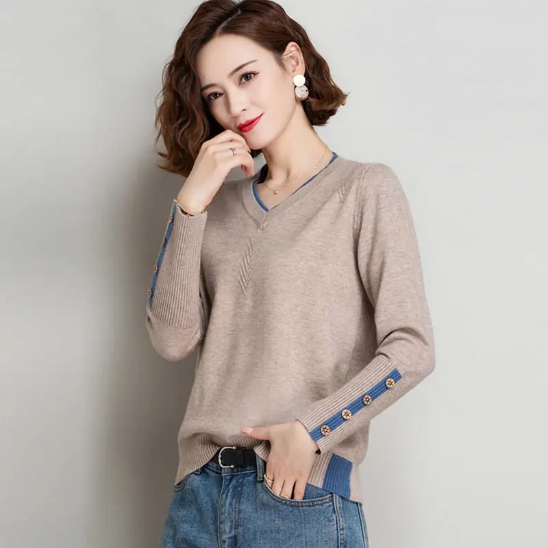 

Fashion V-neck Short Sweater Female Autumn and Winter All-match Loose Long-sleeved Foreign Style Knitted Pullover Top Women