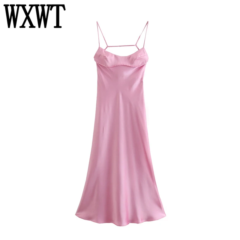 

WXWT Women Pink Satin Midi Dress Strap Sleeveless Female Back Hollow Out Sexy Party Dress Vestidos LY906