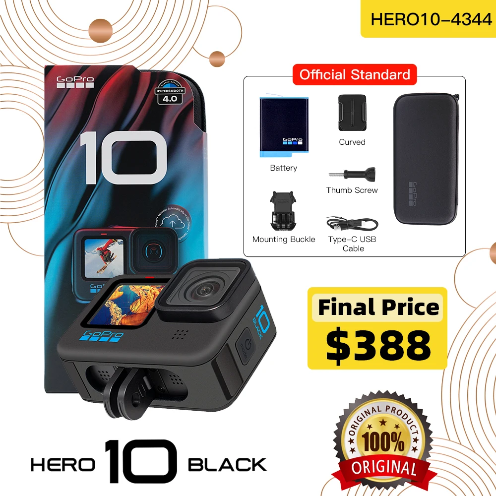 

Оригинальная Черная Экшн-Камера GoPro HERO 10 5,3 K, Спортивная камера с экраном 23MP GP2, Водонепроницаемая мини-видеокамера на шлем s go pro 10