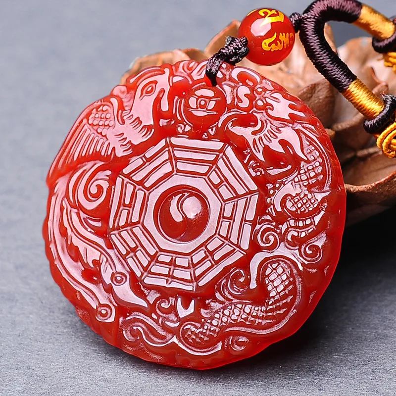 Natural Ice Red Agate Chalcedony Dragon and Phoenix Gossip Pendant Necklace Pendant Jewelry for Men and Women