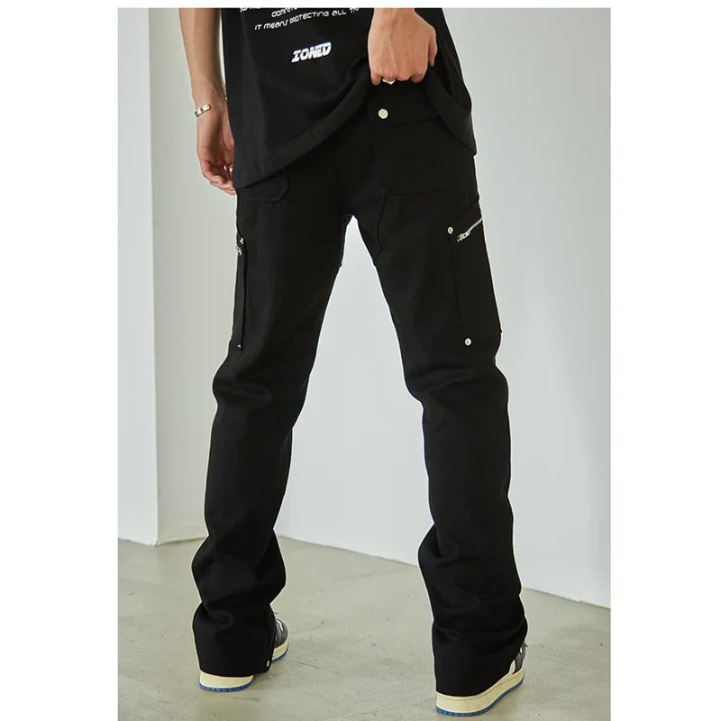 Streetwear Men 2022 New Pattern  Black Casual Pants Multiple Pockets Zipper Straight Cylinder Comfortable Jeans Autumn Female
