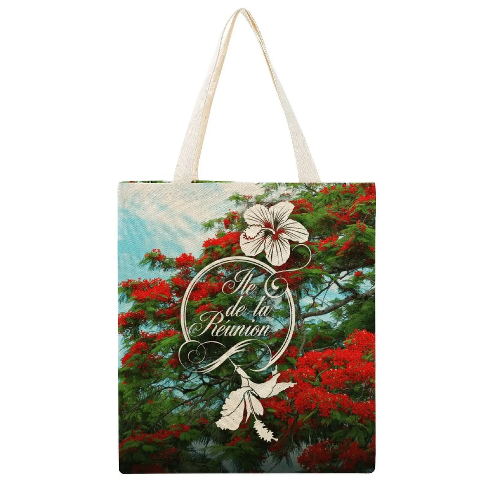 

Canvas Tote Bag Double 974 Reunion Island Flamboyant & Hibiscus Top Quality Vintage Purse Canvas Bag Geek Drawstring Backpack