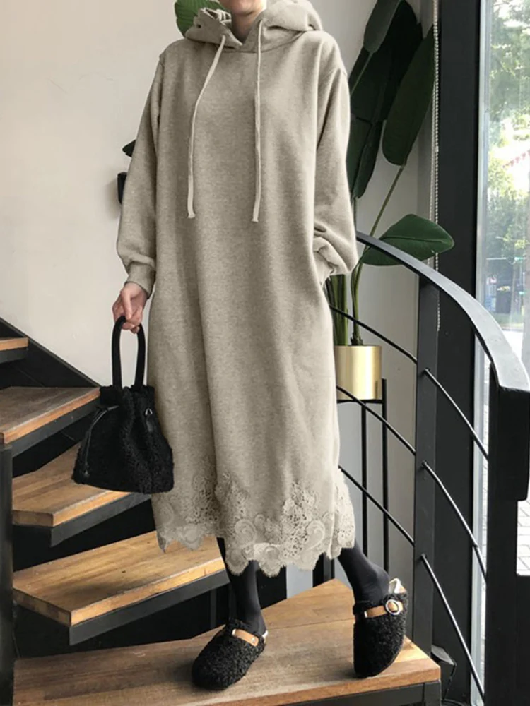 

VONDA Lady Pockets Solid Party Robes Oversized Femme Long Sleeve Hooded Sweatshirt Dress Women Drawstring Lace Patchwork Vestido