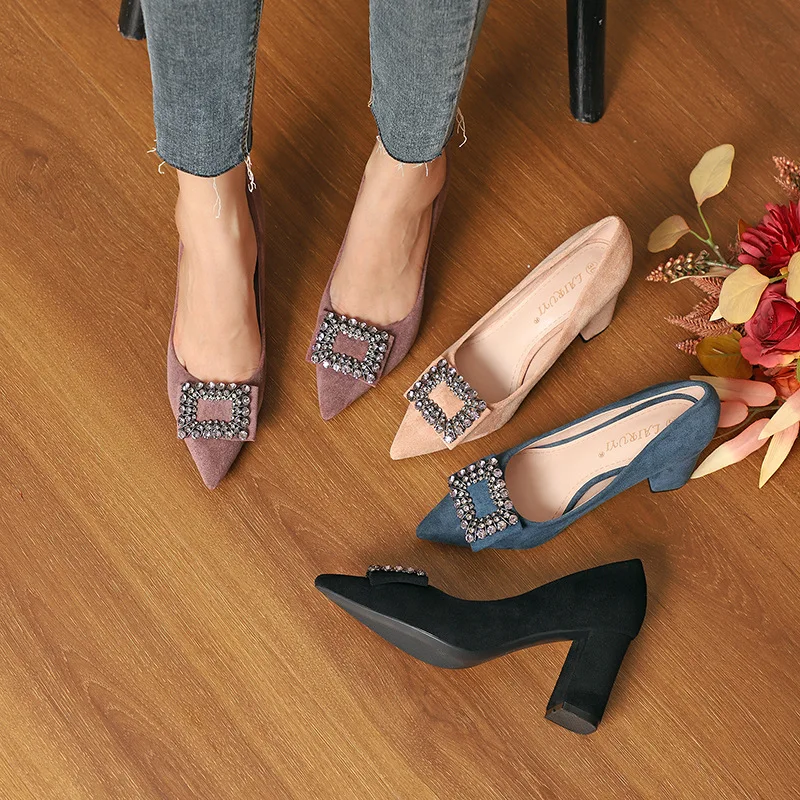 

7.5cm New Fashion Flock Pointed Toe Pumps Thick High Heels Ladies Dress for Women Shoes 39 40 41