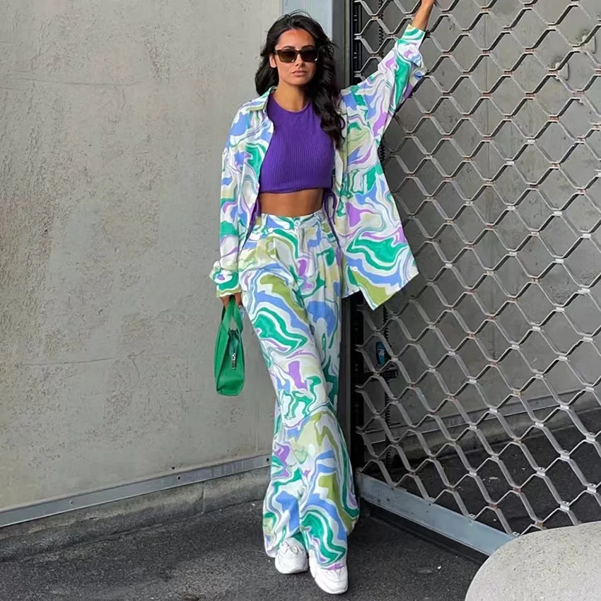 

2023 Autumn Print Pants Set 2 Pieces Womens Outfits Elegant Long Sleeve Shirts Female Spring Fashion High Waist Long Pants Suits